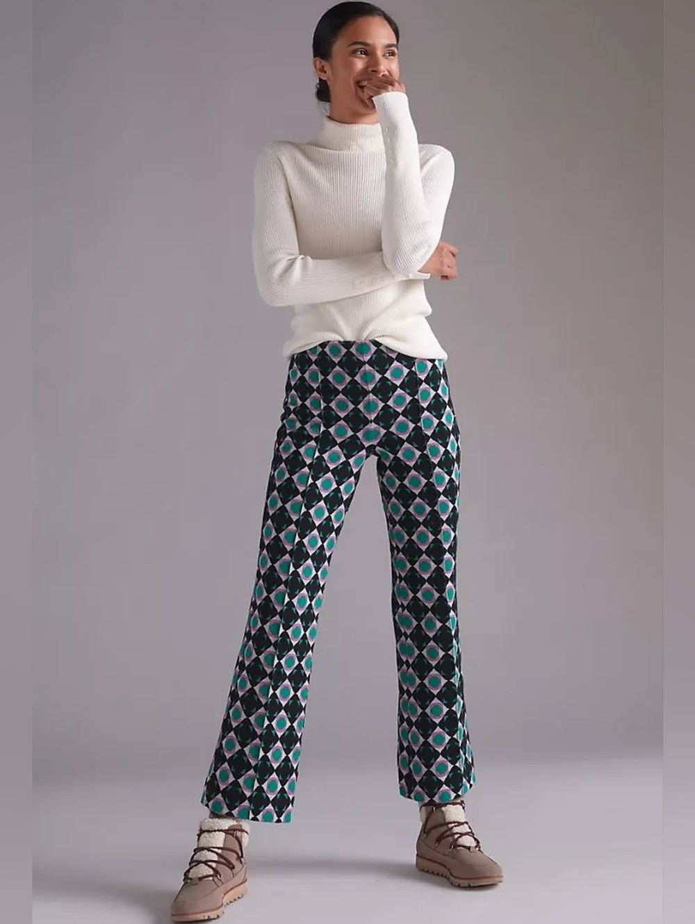 Anthropologie Maeve Margot pants geometric print in Black/Green/Pink.
